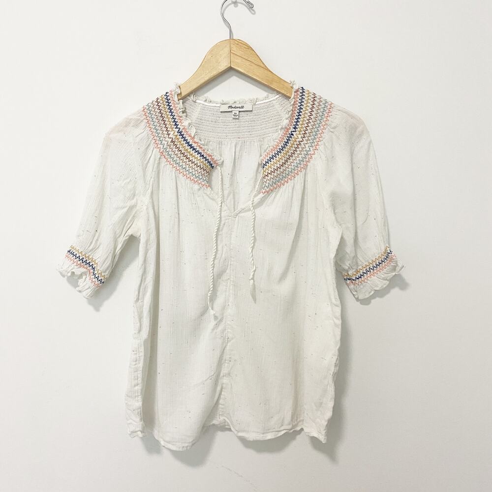 Madewell White Rainbow Stripe Smocked Short Sleeve Top Size XS